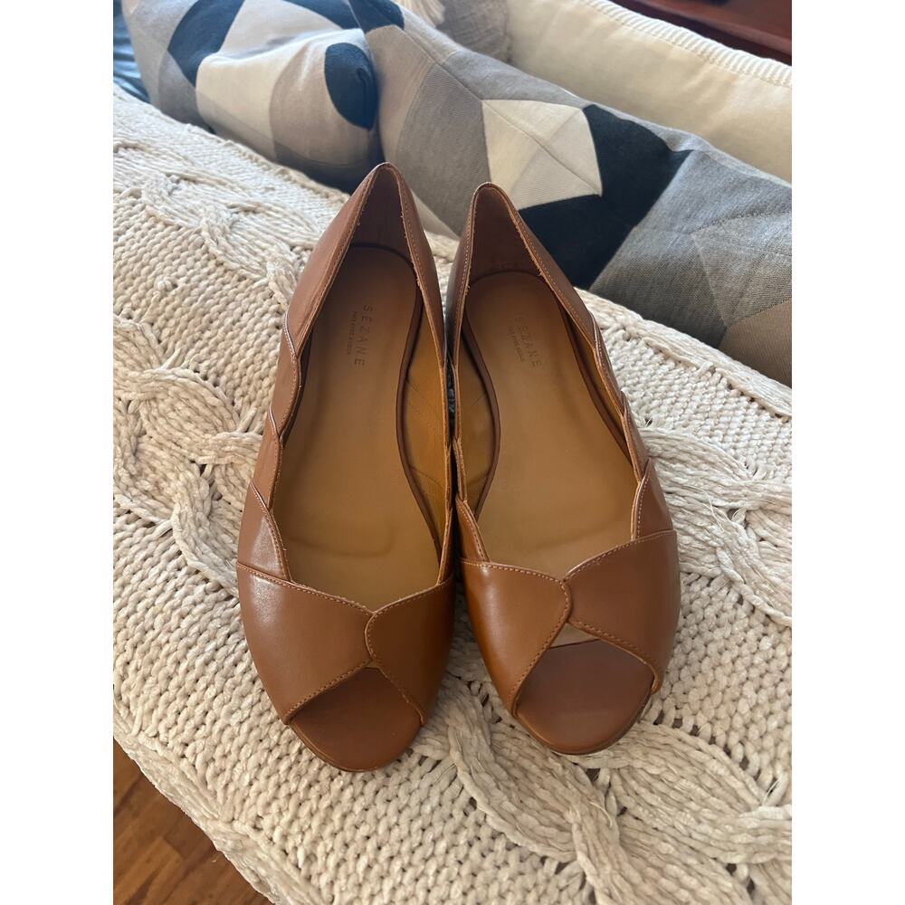 La Maille Sezane Leather Scalloped Peep Toe Ballerinas in Camel Size 38 NEW✨ - Picture 4 of 8
